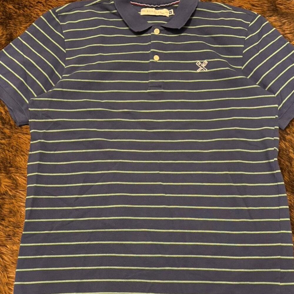 Y2K Regatta Men's M Navy Blue and Lime Green StripedPolo-shirt
